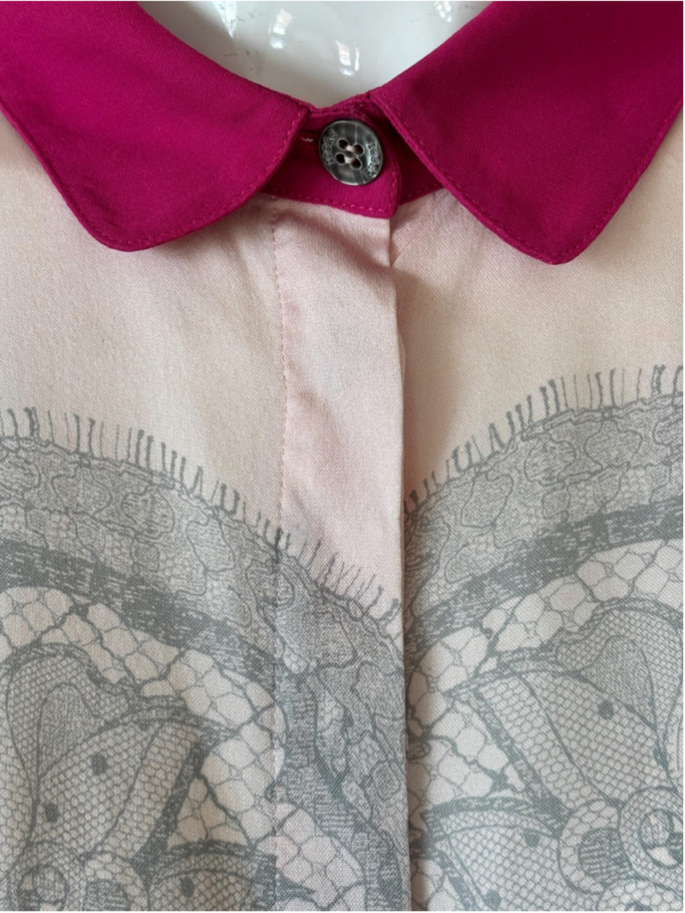 Emilio Pucci Silk Blouse Lace Print Pink Collar - Picture 8 of 10